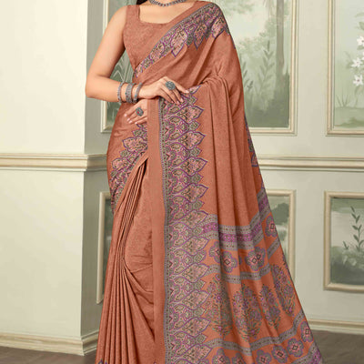 Brown Floral Printed Crepe Silk Saree