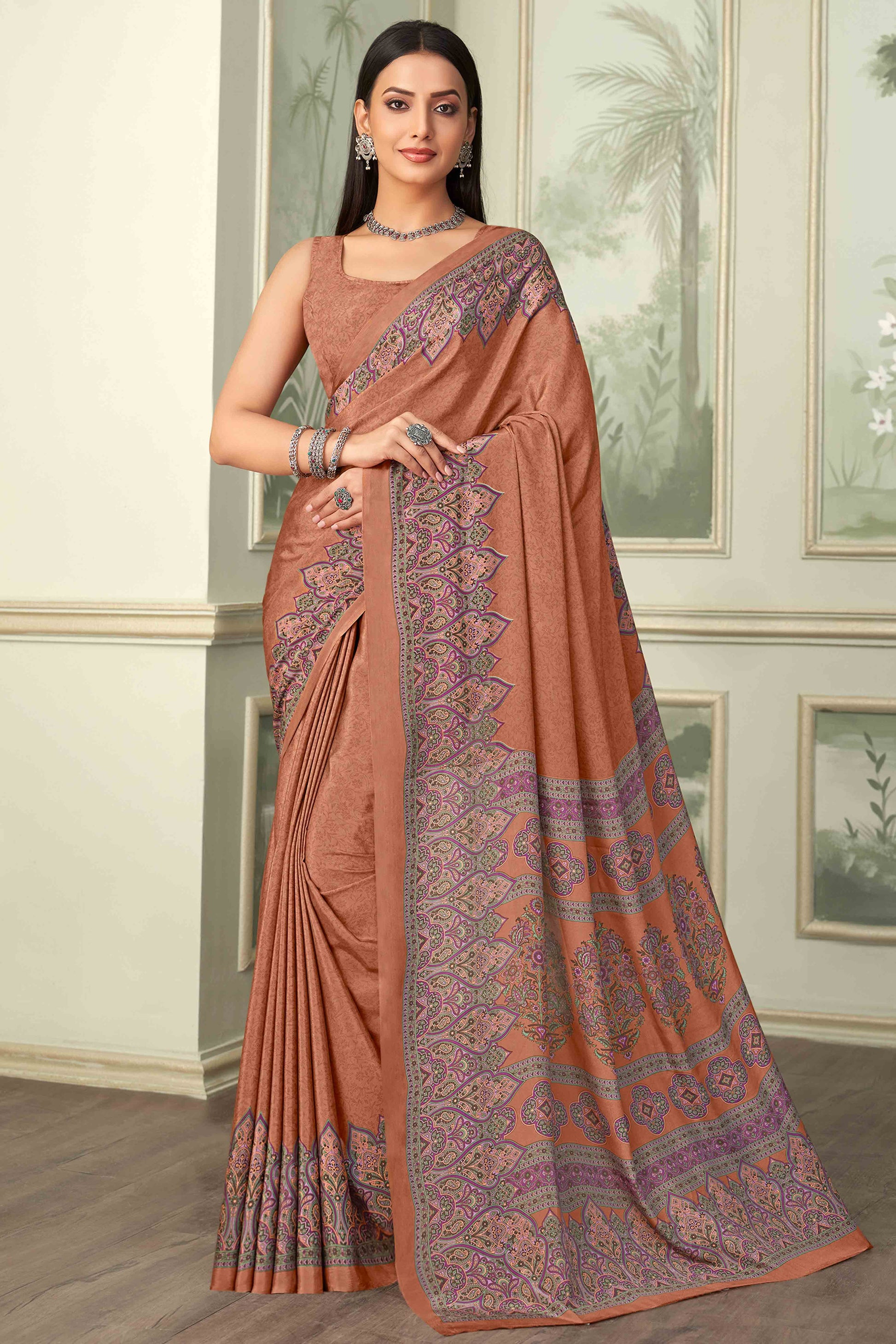 Brown Floral Printed Crepe Silk Saree