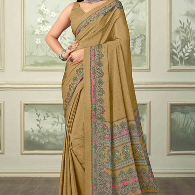 Dark Mustard Floral Printed Crepe Silk Saree