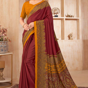 Maroon Floral Printed Crepe Silk Saree