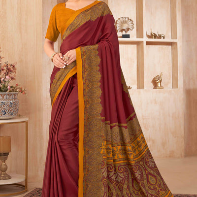 Maroon Floral Printed Crepe Silk Saree