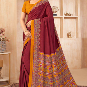 Maroon Floral Printed Crepe Silk Saree