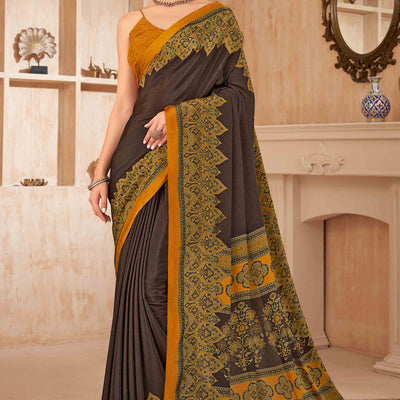 Brown Floral Printed Crepe Silk Saree
