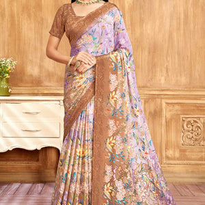 Light Brown Floral Printed Crepe Silk Saree