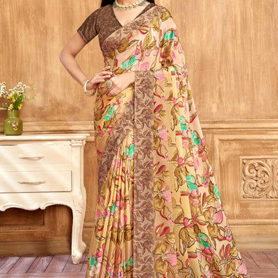 Dark Brown Floral Printed Crepe Silk Saree