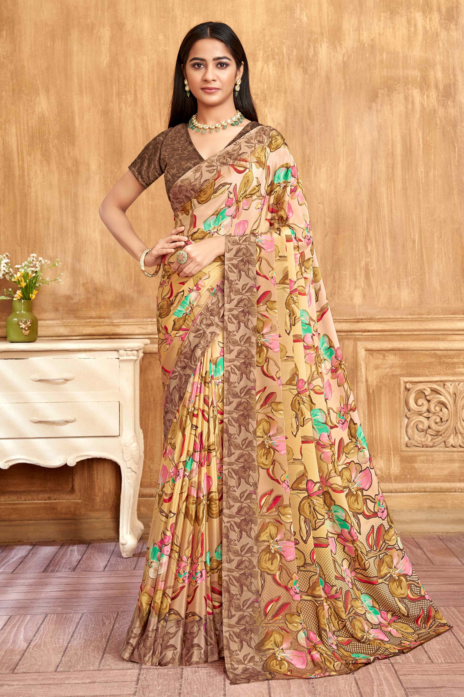 Dark Brown Floral Printed Crepe Silk Saree