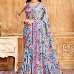 Lavender Floral Printed Crepe Silk Saree