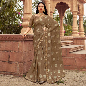 Brown Floral Printed Chiffon Saree