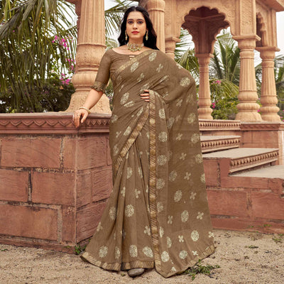 Brown Floral Printed Chiffon Saree