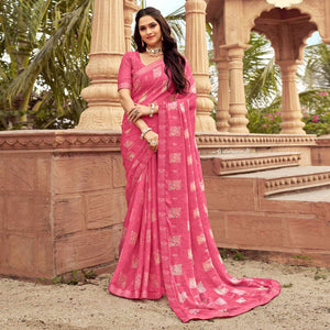 Gajri Pink Floral Printed Chiffon Saree
