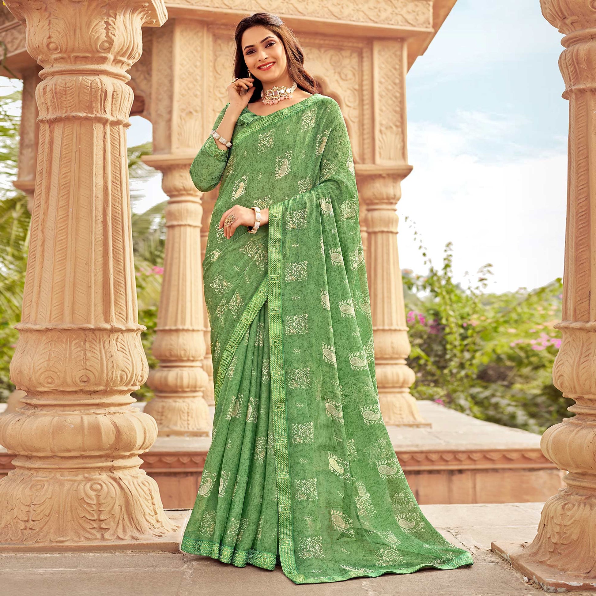 green-floral-printed-chiffon-saree-13