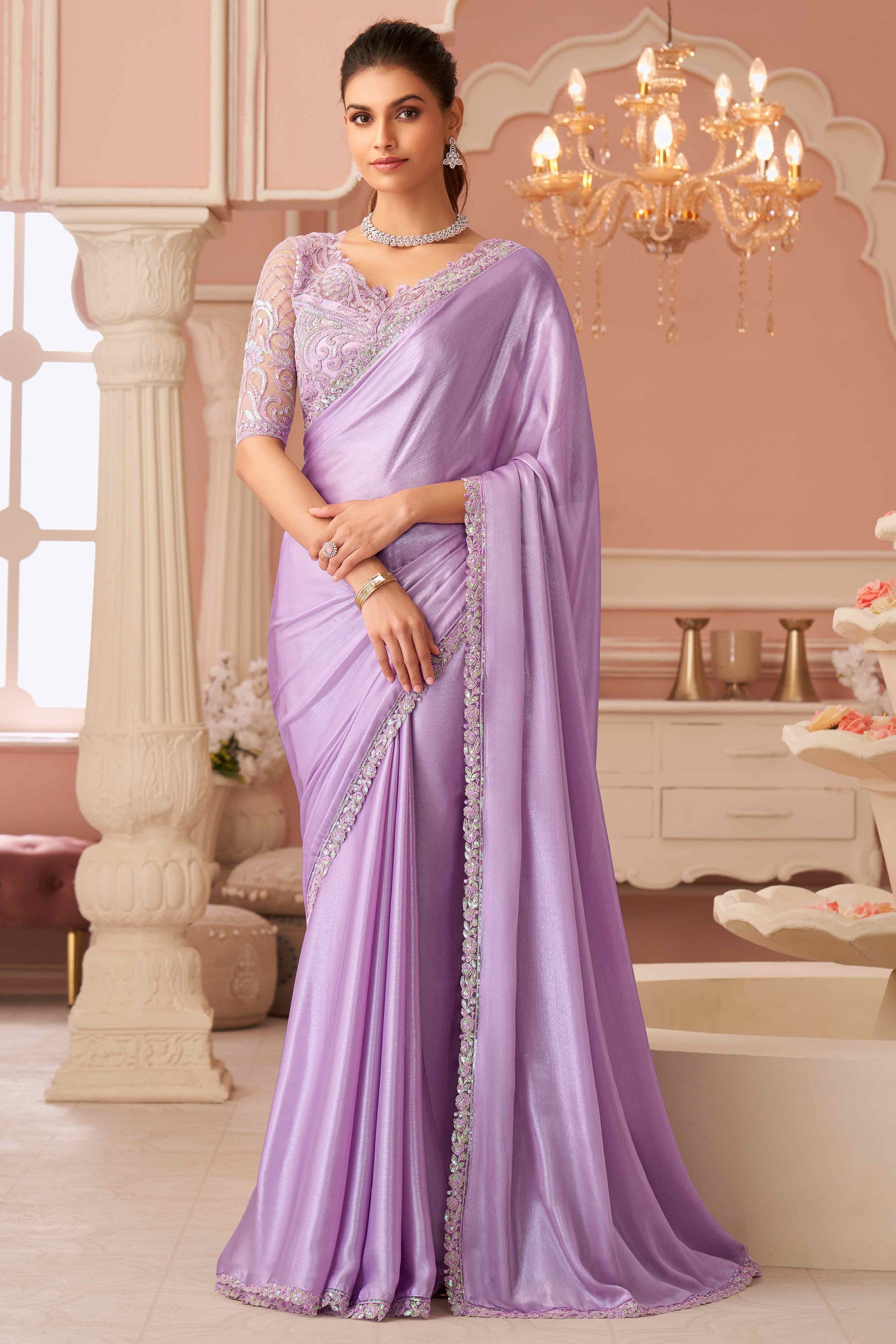Lavender Sequins Embroidered Chiffon Saree
