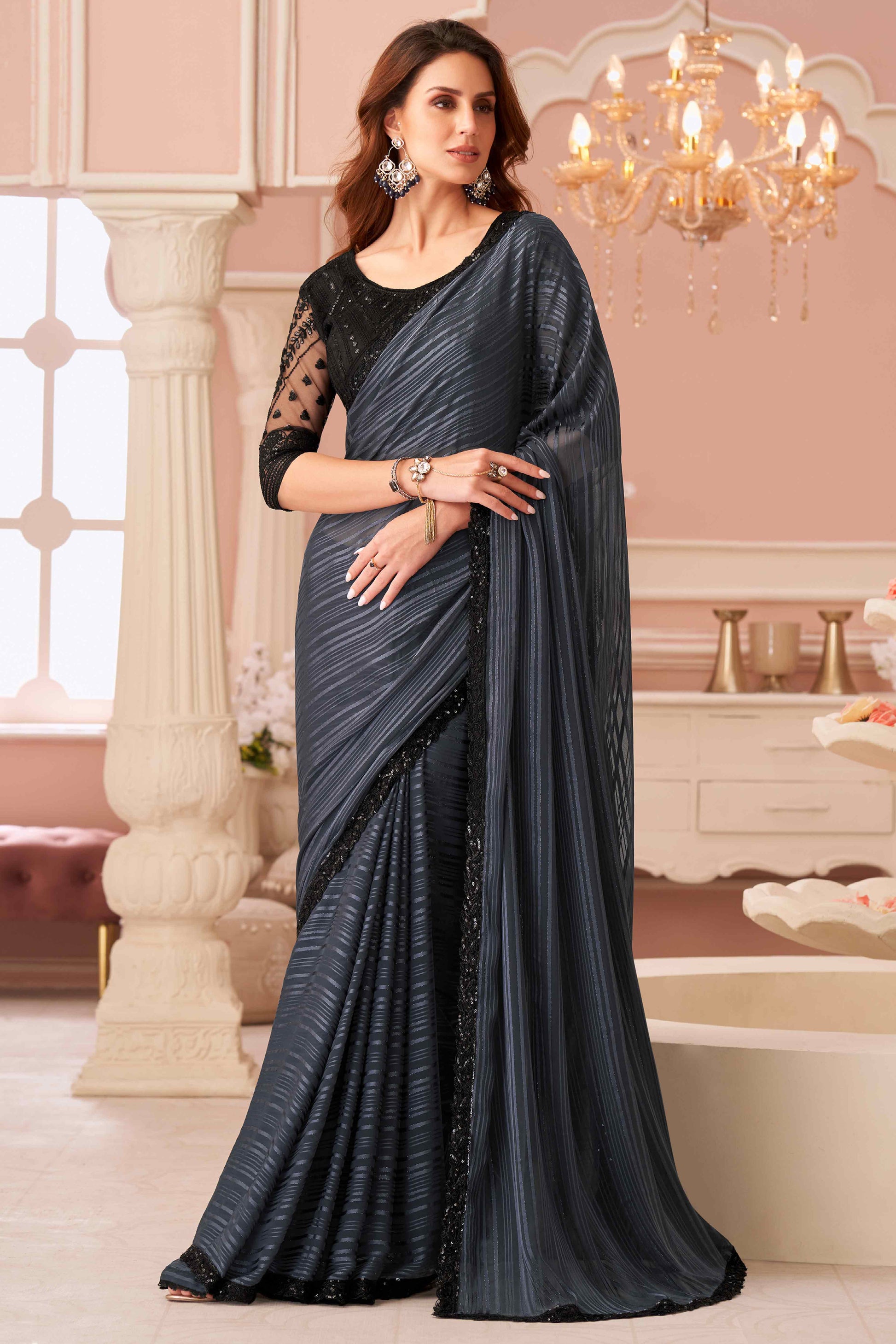 Grey Sequins Embroidered Georgette Saree