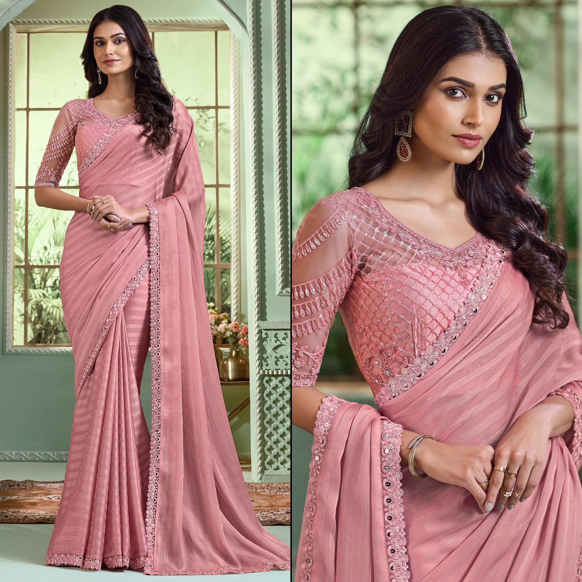 Dusty Pink Embroidered Georgette Designer Saree