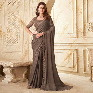 Brown Sequins Embroidered Satin Silk Saree