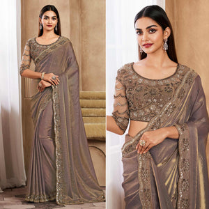 Chikoo Sequins Embroidered Satin Silk Saree