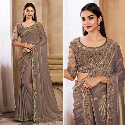 Chikoo Sequins Embroidered Satin Silk Saree