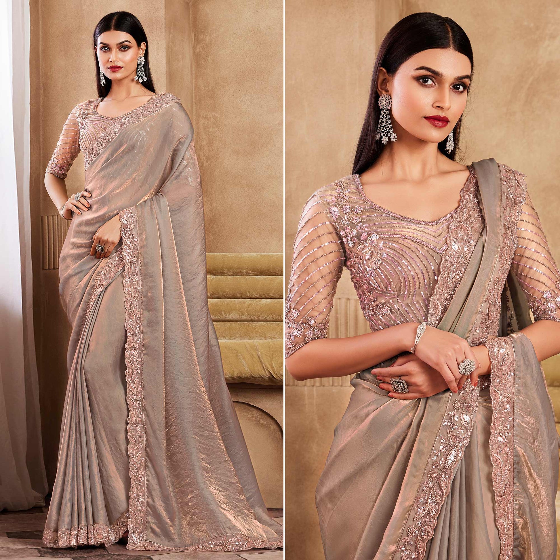 Grey Sequins Embroidered Satin Silk Saree