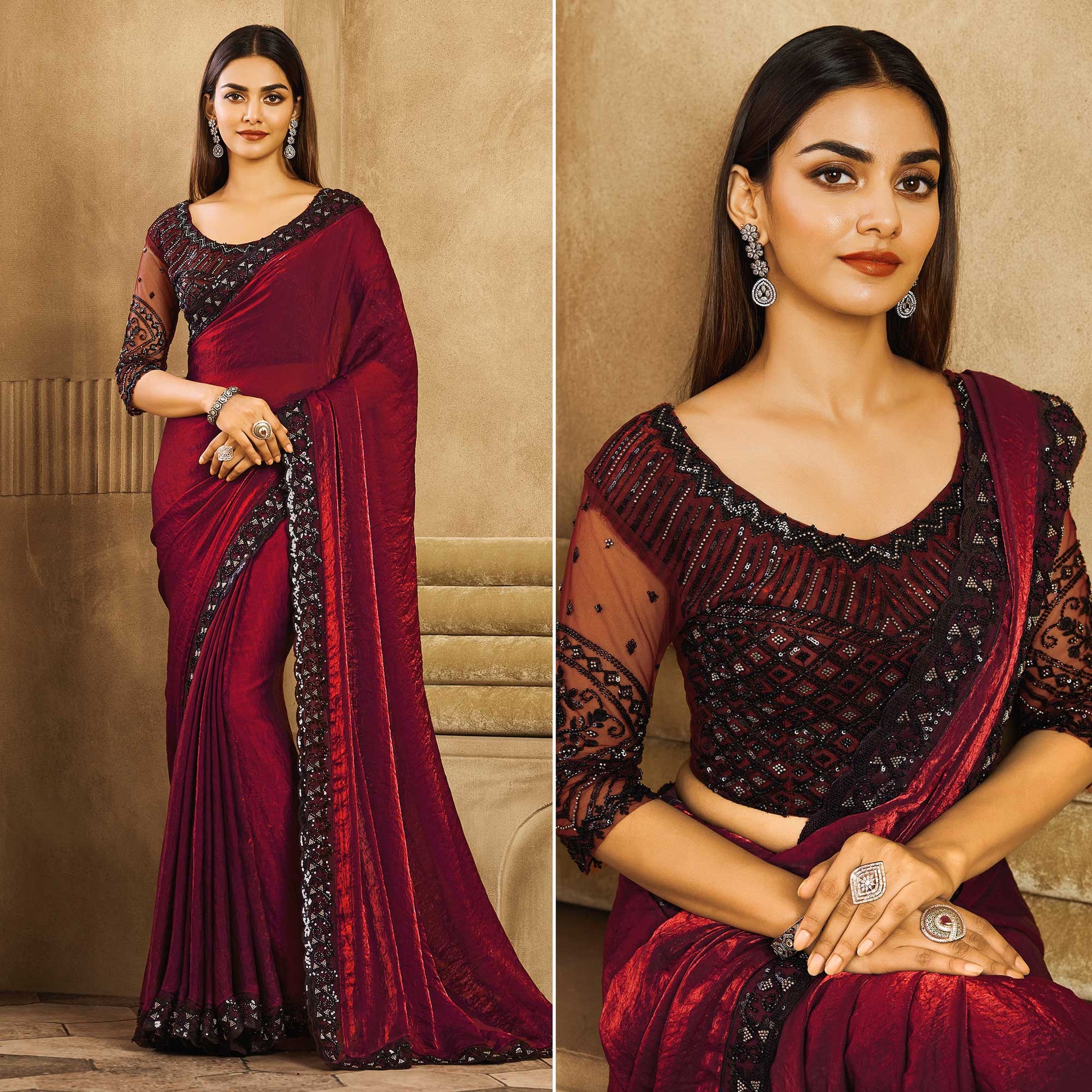 Magenta Sequins Embroidered Satin Silk Saree