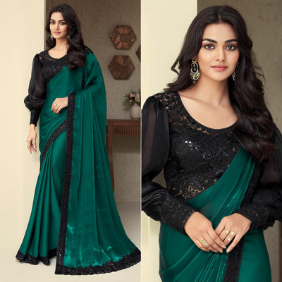 Bottle Green Sequins Embroidered Georgette Saree