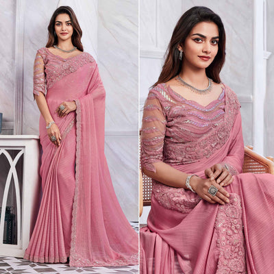 Dusty Pink Floral Sequins Embroidered Georgette Saree
