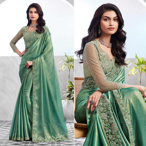 Dusty Green Floral Sequins Embroidered Chiffon Saree