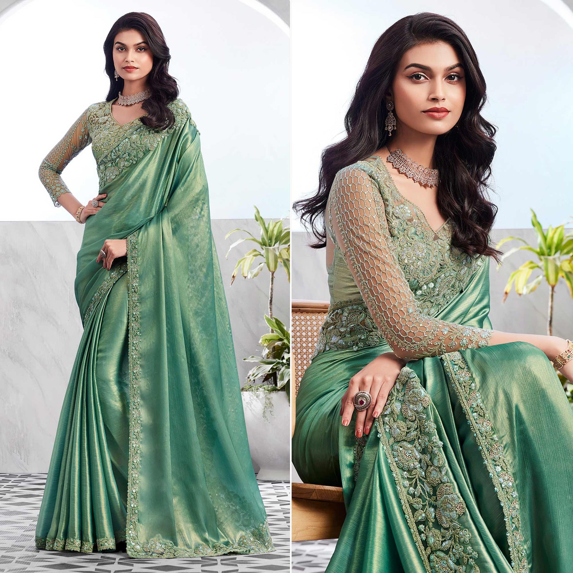 Dusty Green Floral Sequins Embroidered Chiffon Saree