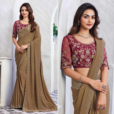 Brown Floral Sequins Embroidered Chiffon Saree