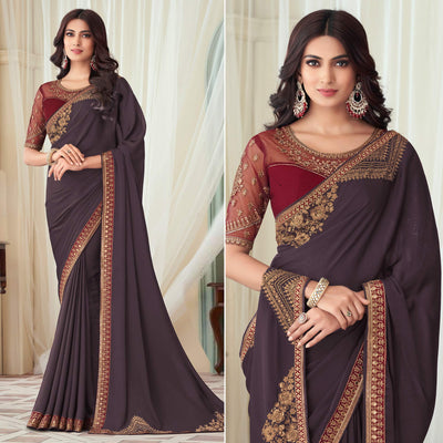 Deep Mauve Floral Sequin Embroidered Crepe Saree