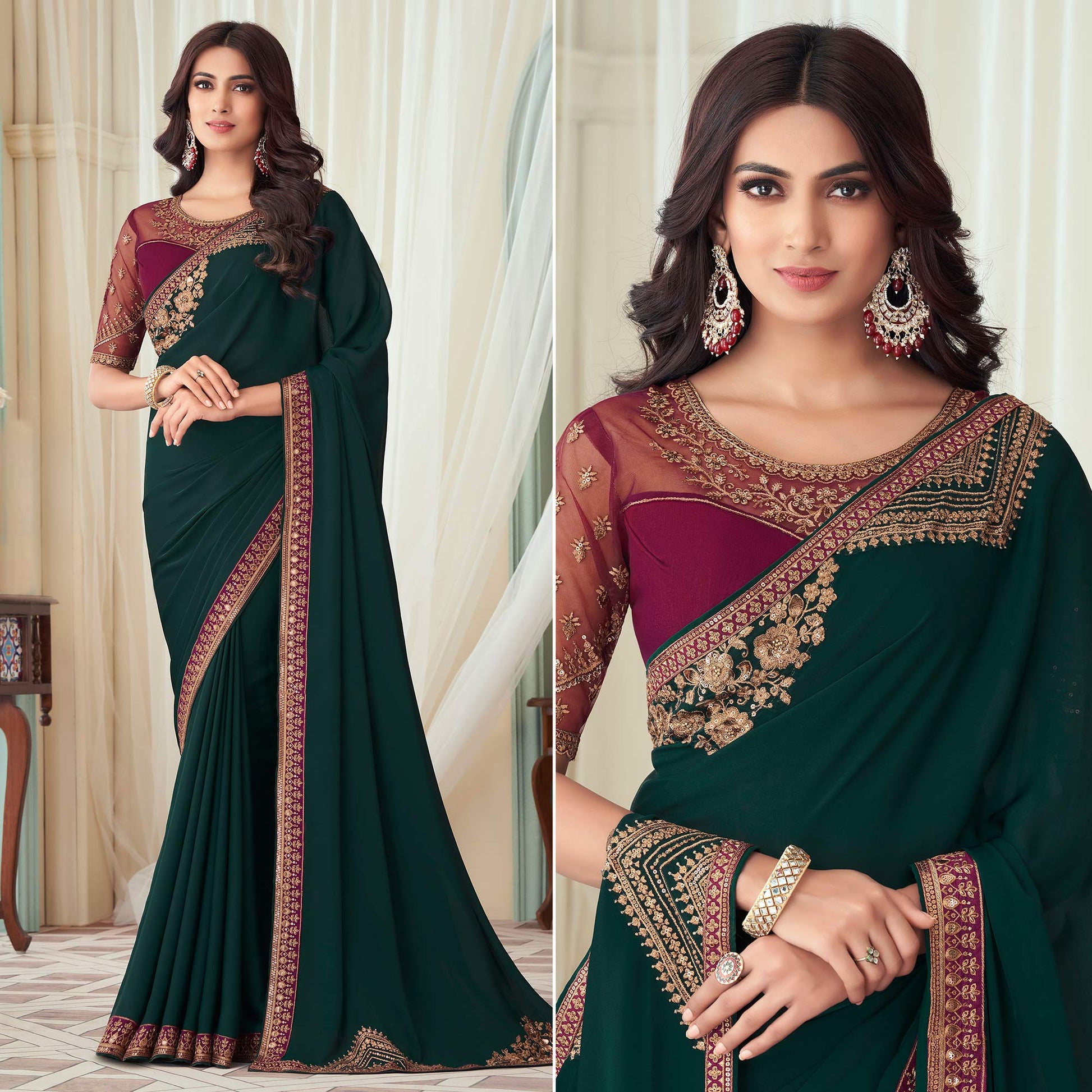 Bottle Green Floral Sequin Embroidered Crepe Saree
