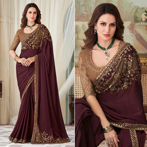Coffee Floral Sequin Embroidered Crepe Saree