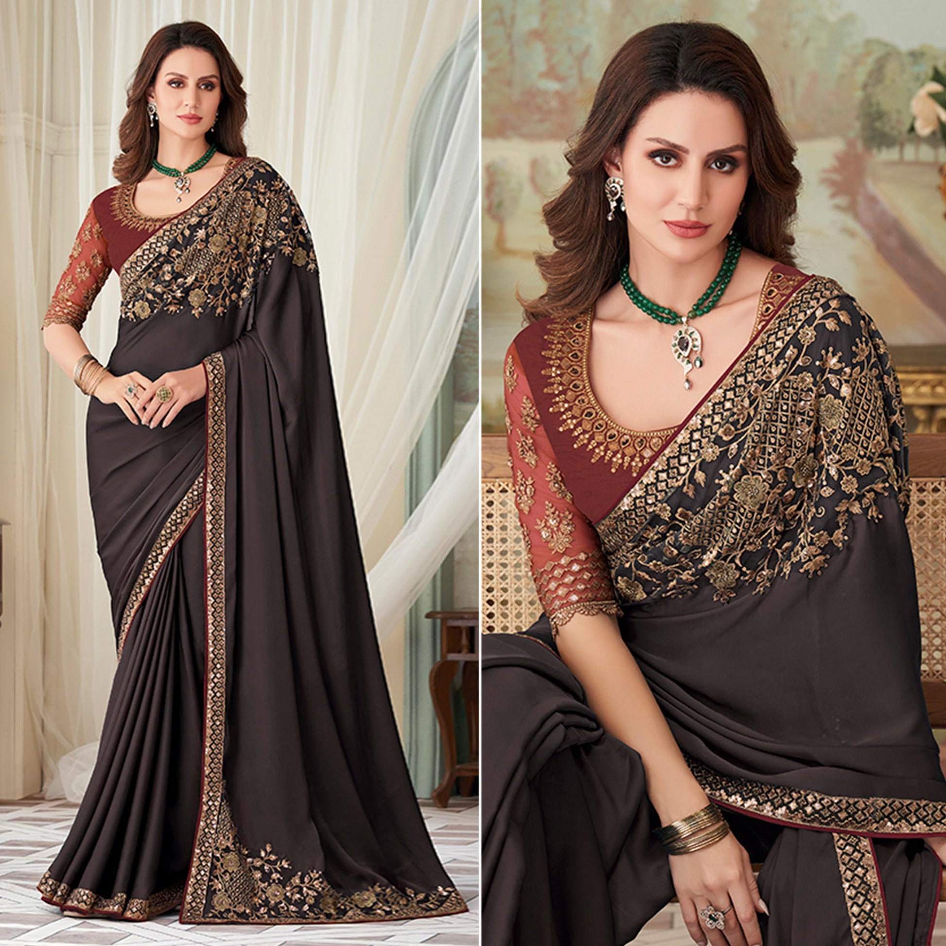 Dark Wine Floral Sequin Embroidered Crepe Saree