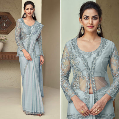 Grey Sequins Embroidered Georgette Saree