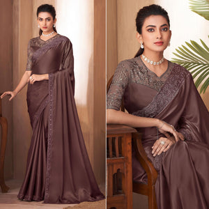 Brown Sequins Embroidered Satin Saree