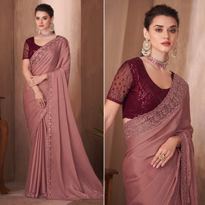 Mauve Embroidered Satin Saree