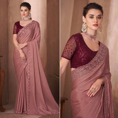 Mauve Embroidered Satin Saree
