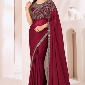 Maroon Sequins Embroidered Satin Saree