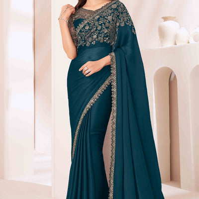 Dark Teal Sequins Embroidered Satin Saree