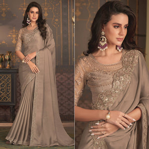 Dusty Beige Embroidered Designer Satin Saree