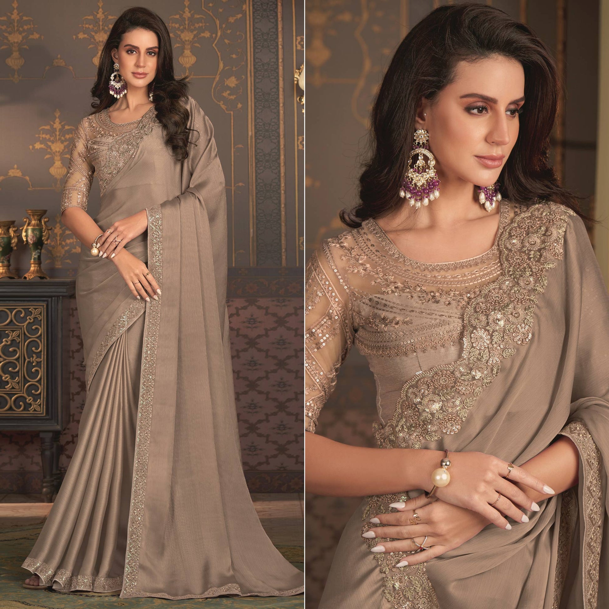 Dusty Beige Embroidered Designer Satin Saree