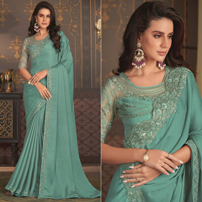 Light Sea Green Embroidered Designer Satin Saree