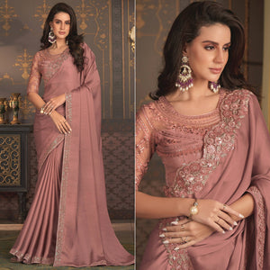 Mauve Embroidered Designer Satin Saree