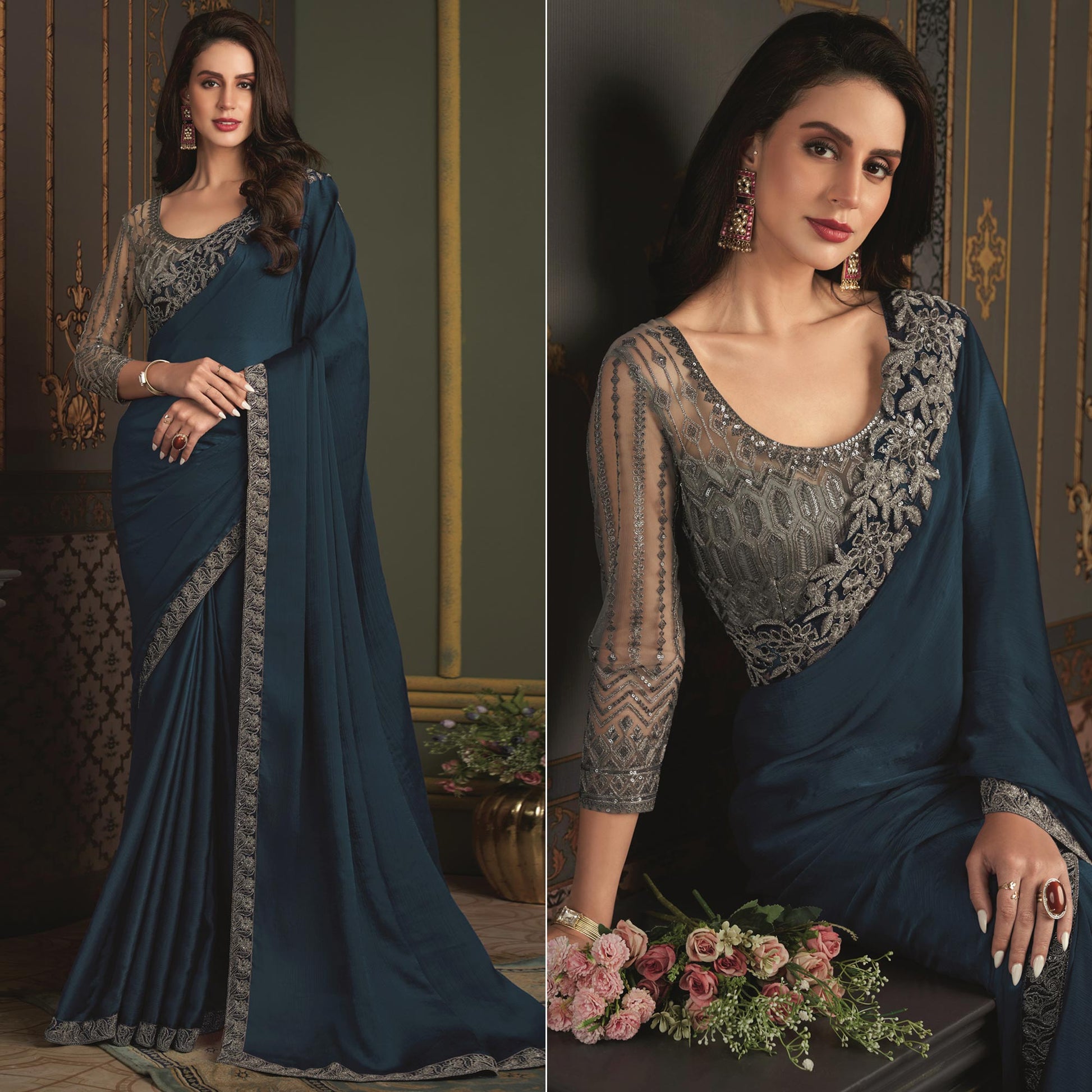 Dark Teal Embroidered Designer Satin Saree