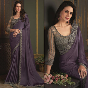 Dark Violet Embroidered Designer Satin Saree