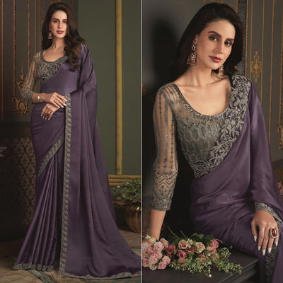 Dark Violet Embroidered Designer Satin Saree