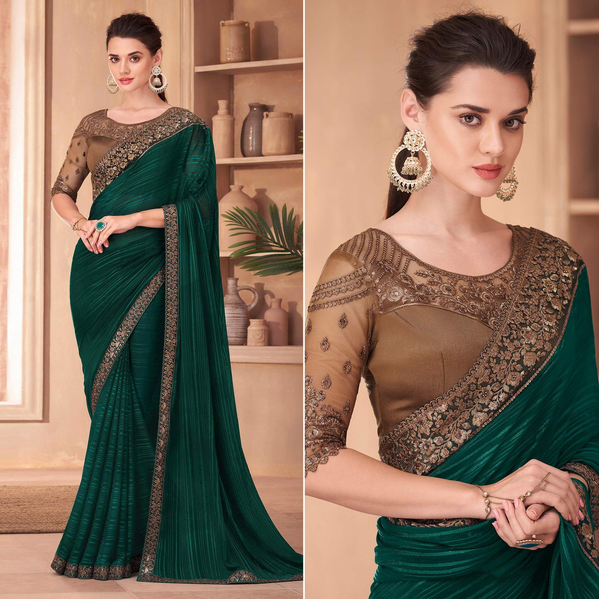 Bottle Green Floral Embroidered Georgette Saree