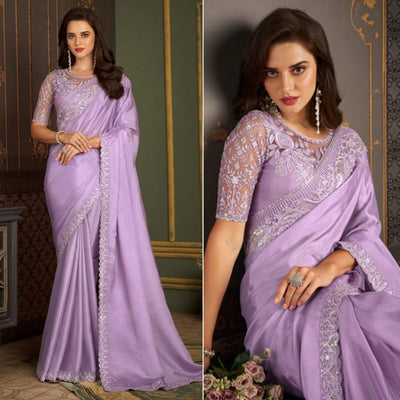 Lavender Embroidered Satin Saree