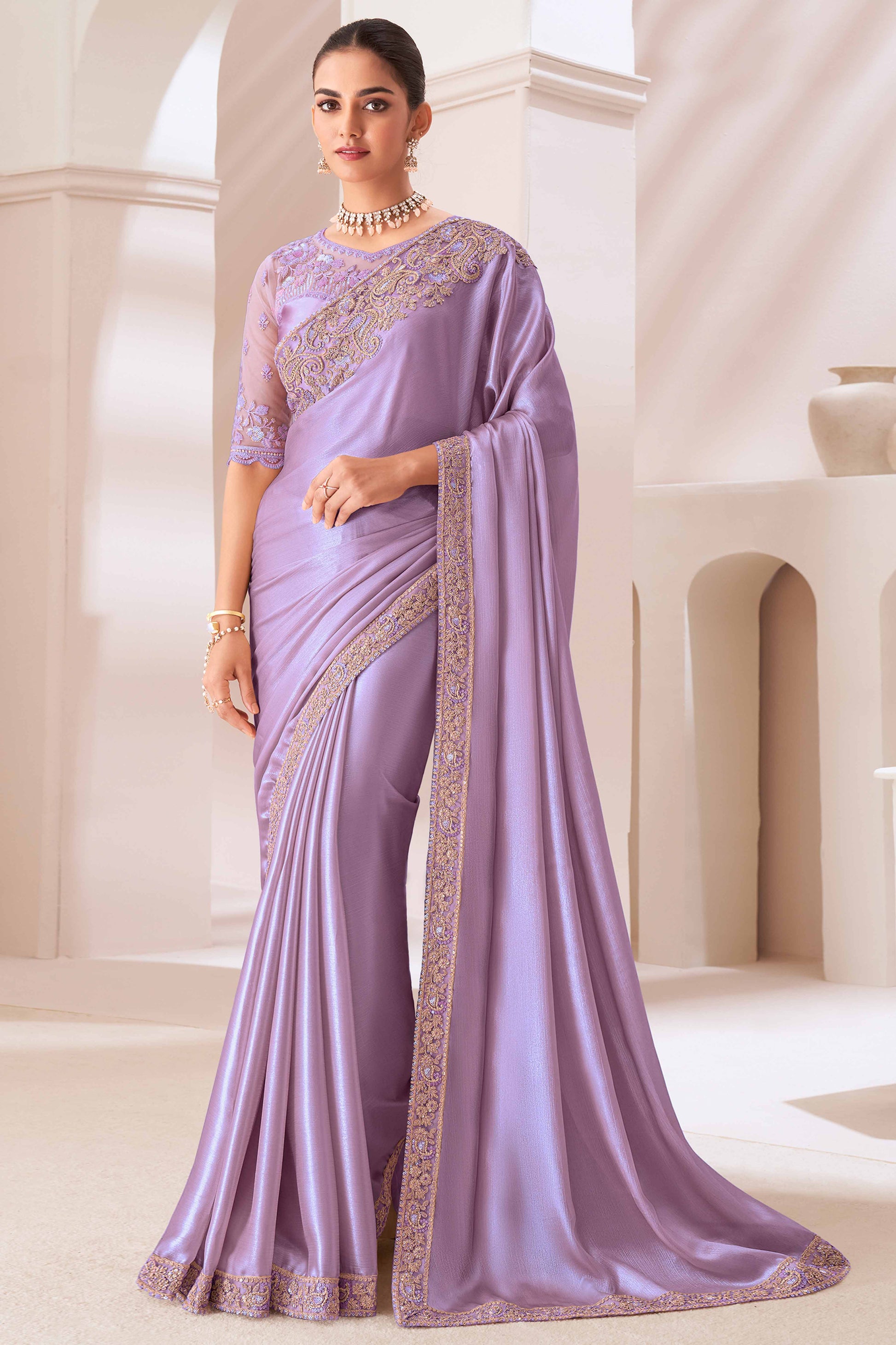Lavender Floral Sequins Embroidered Chiffon Saree