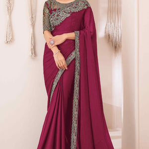 Dark Magenta Floral Sequins Embroidered Georgette Saree