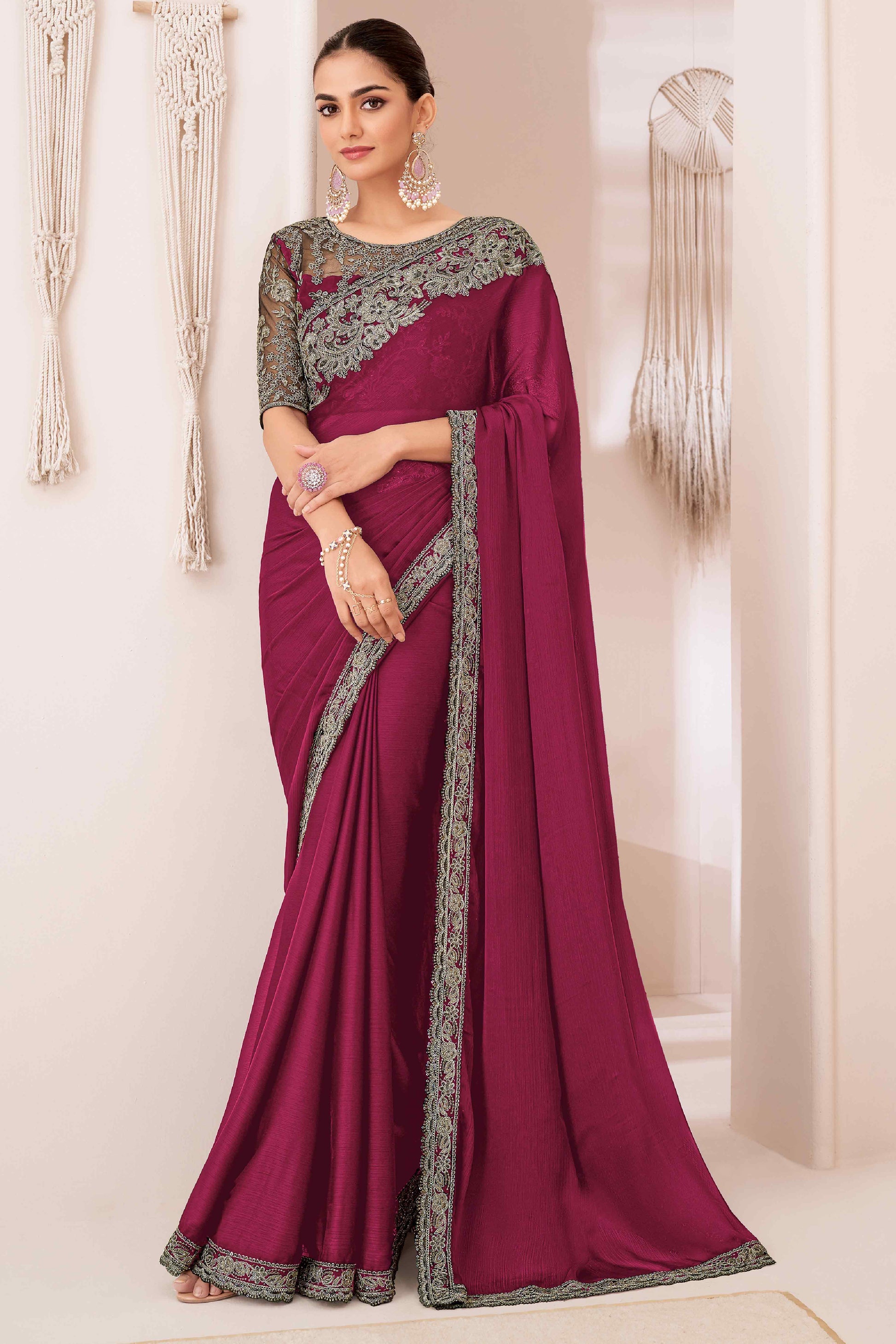 Dark Magenta Floral Sequins Embroidered Georgette Saree